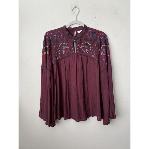 Parker Womens Boho Blouse Embroidered Flare Sleeves Purple High Neck Size M - Picture 8 of 12